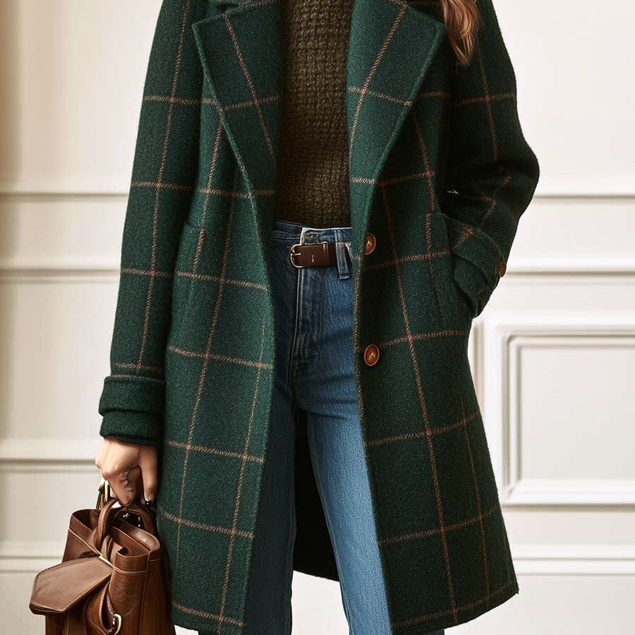 Coats - green tweed plaid lapel coat worn on ivory