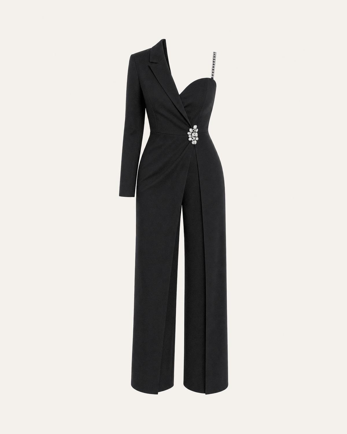 Jumpsuits - black sequin mesh lantern sleeve jumpsuit on ivory