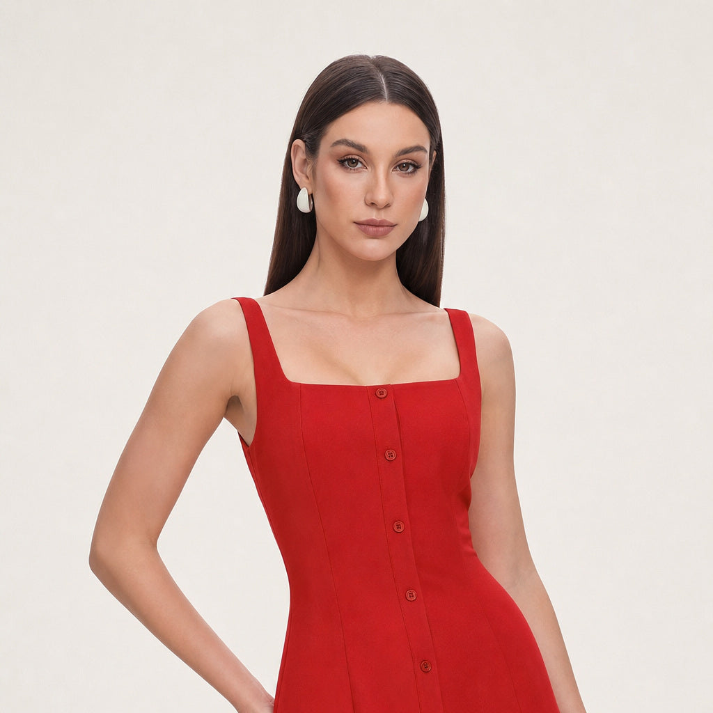 New in - red square neck maxi dress worn on ivory