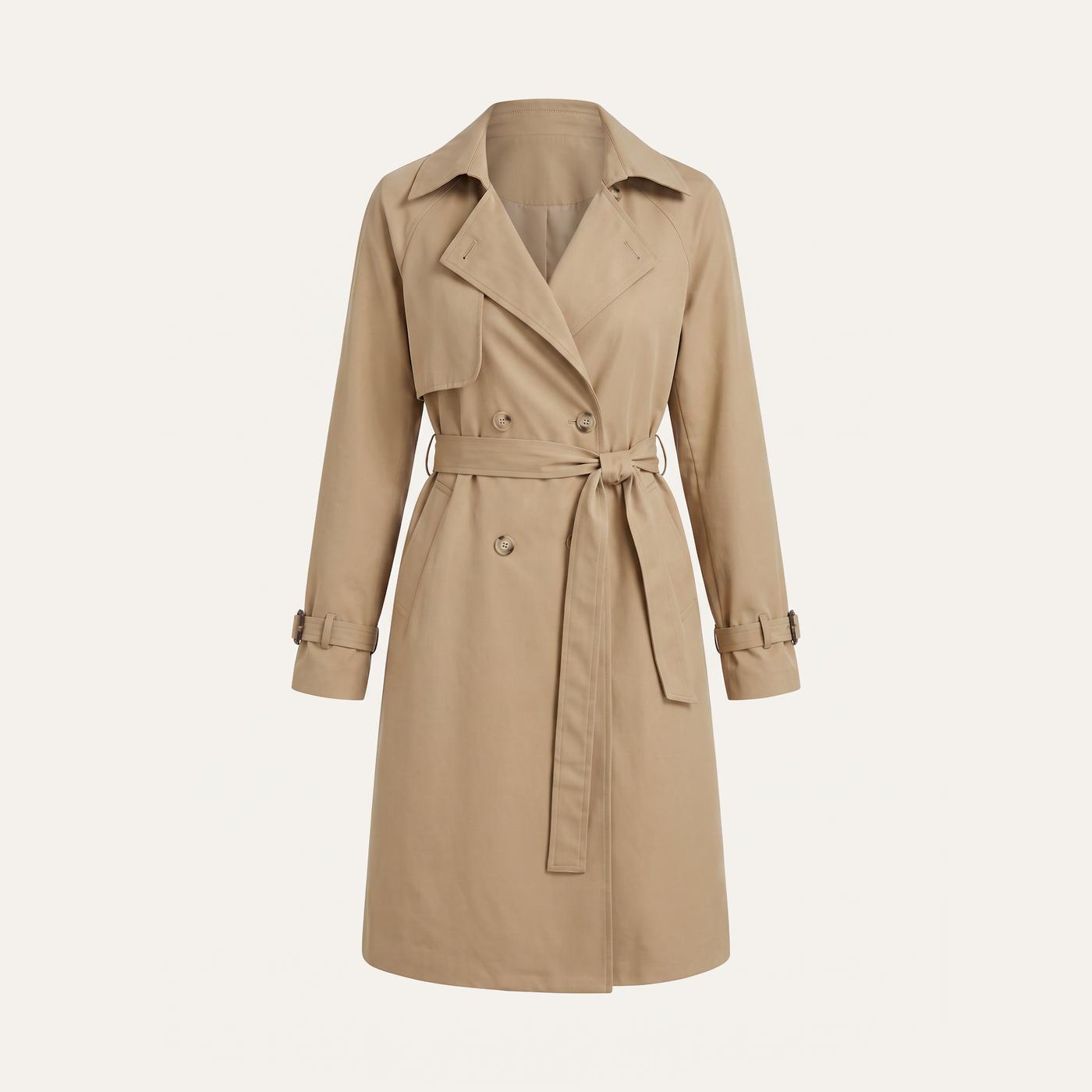 Trench coats - khaki double breasted belted trench coat on ivory