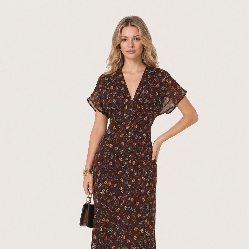 Vacation - floral chiffon V-neck maxi dress worn on ivory