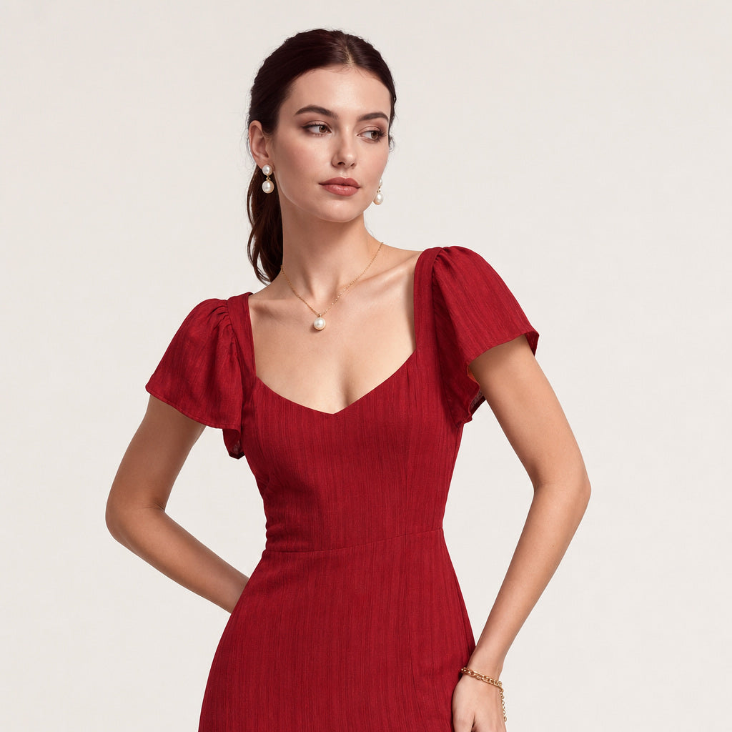 Wedding guest dresses - red sweetheart neck jacquard maxi dress worn on ivory