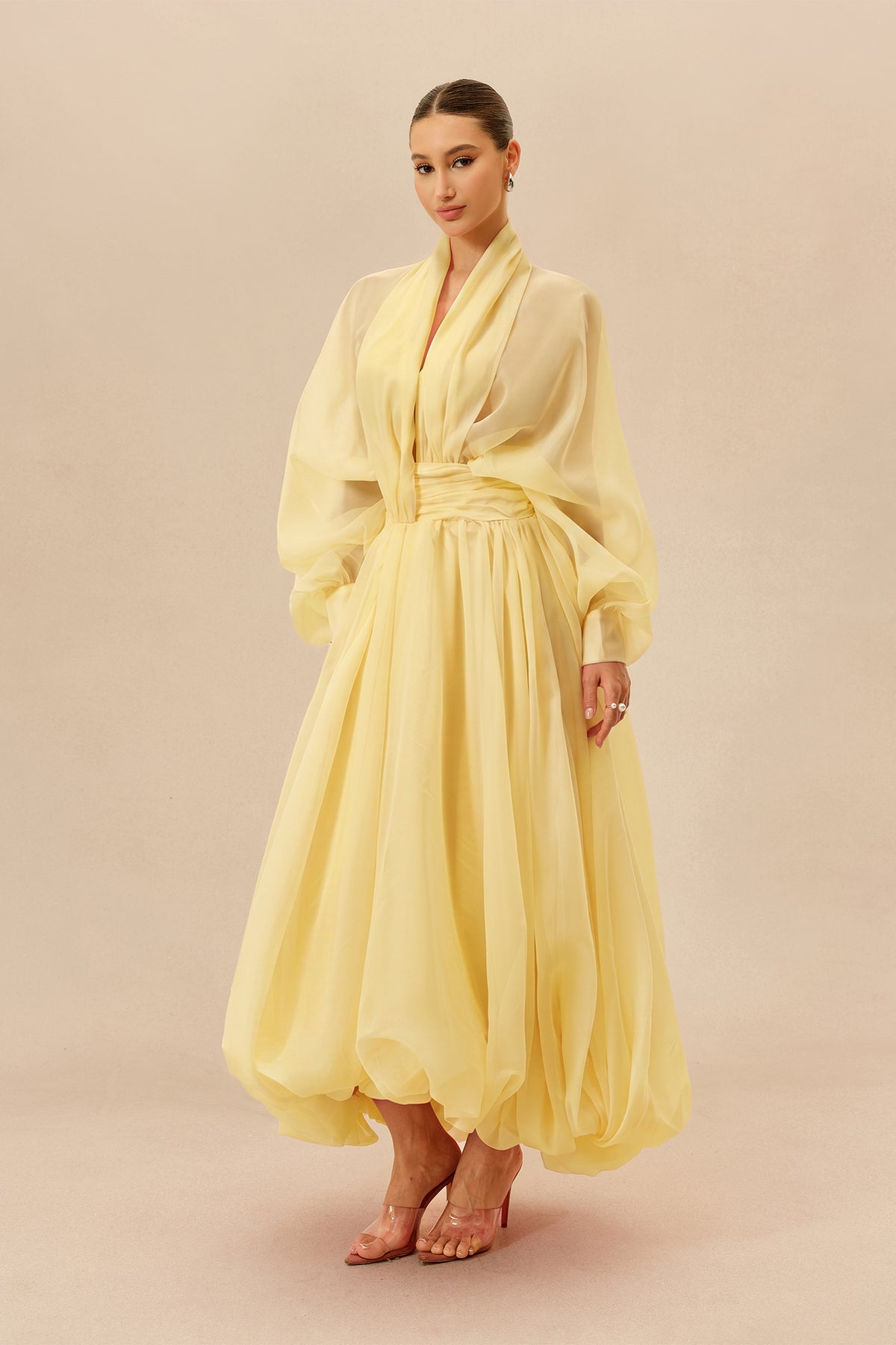 Organza Puff Sleeve Maxi Dress in Yellow - view 5