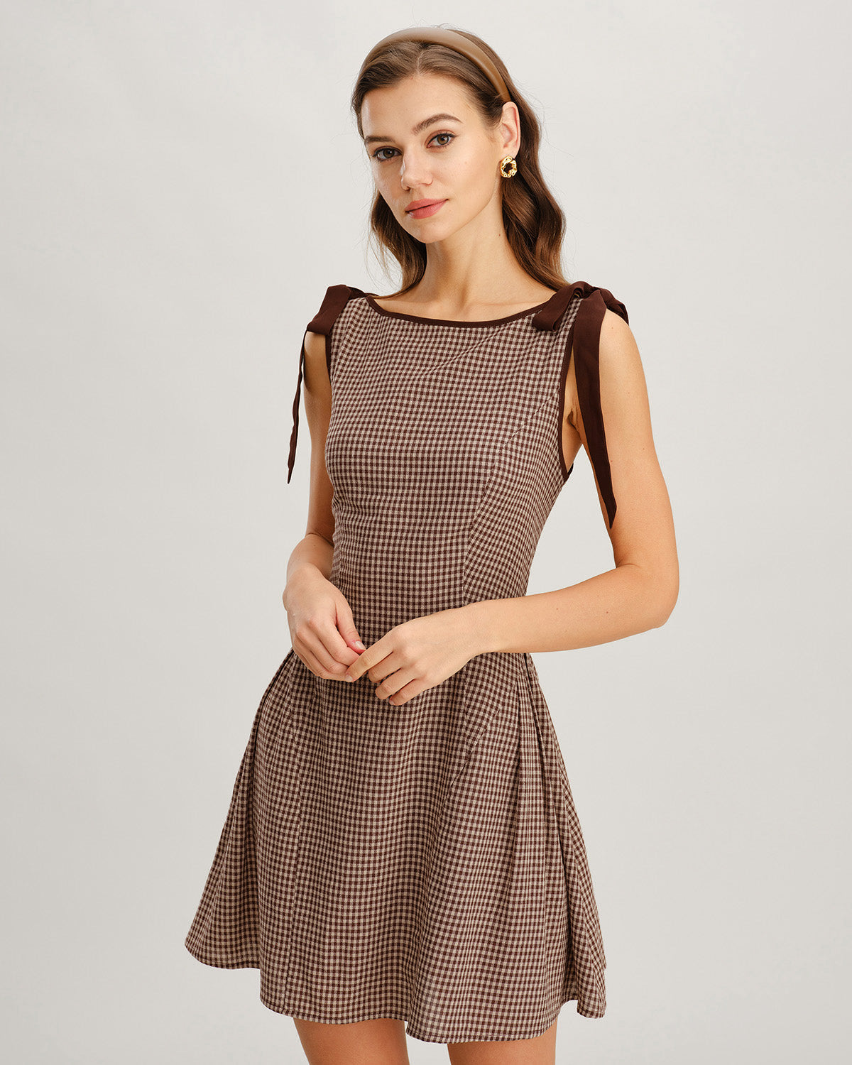 Brown Gingham Tie-Strap Mini Dress - view 5