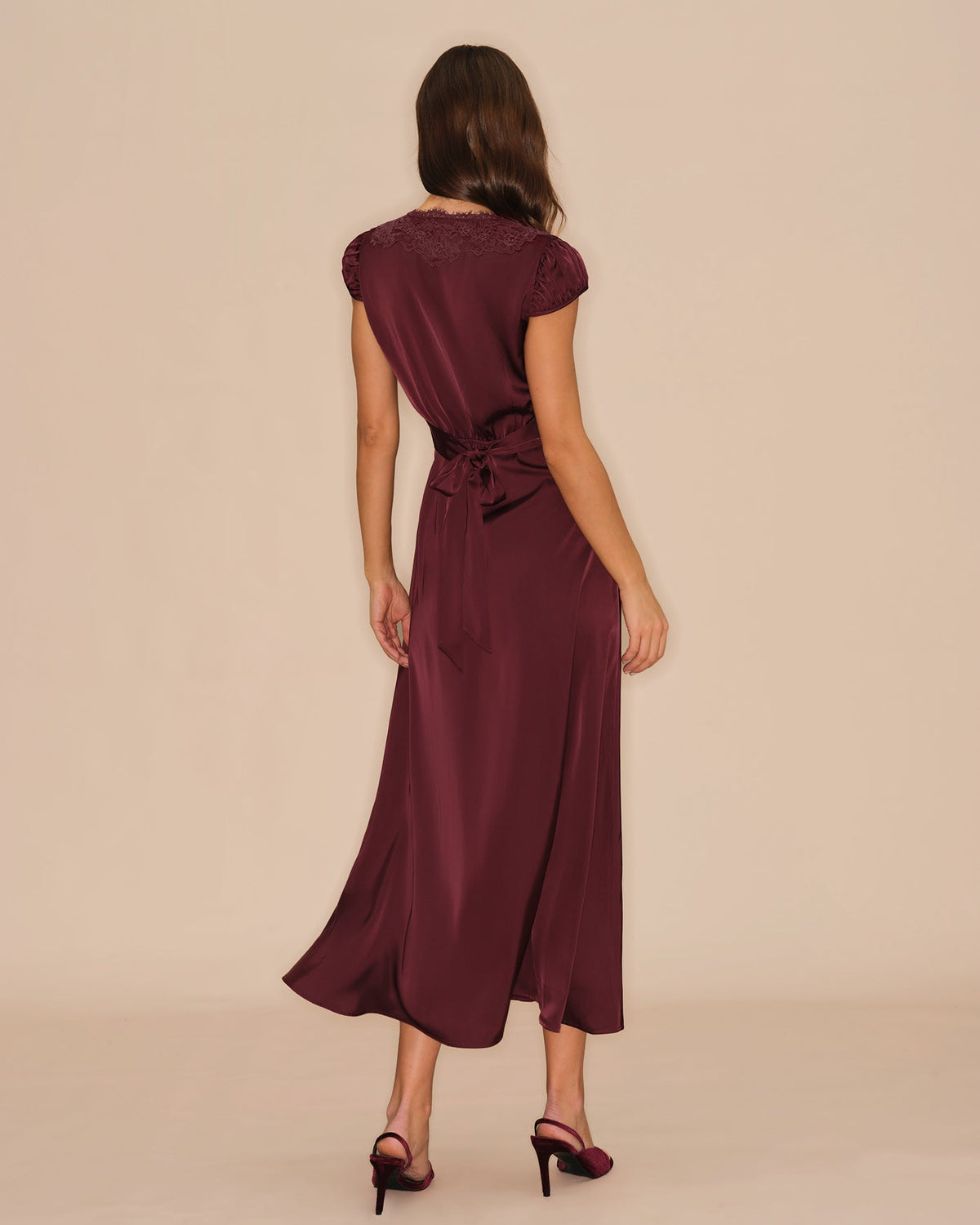 Wine Red V-Neck Lace Maxi Dress Flattering A-Line Fit - 4