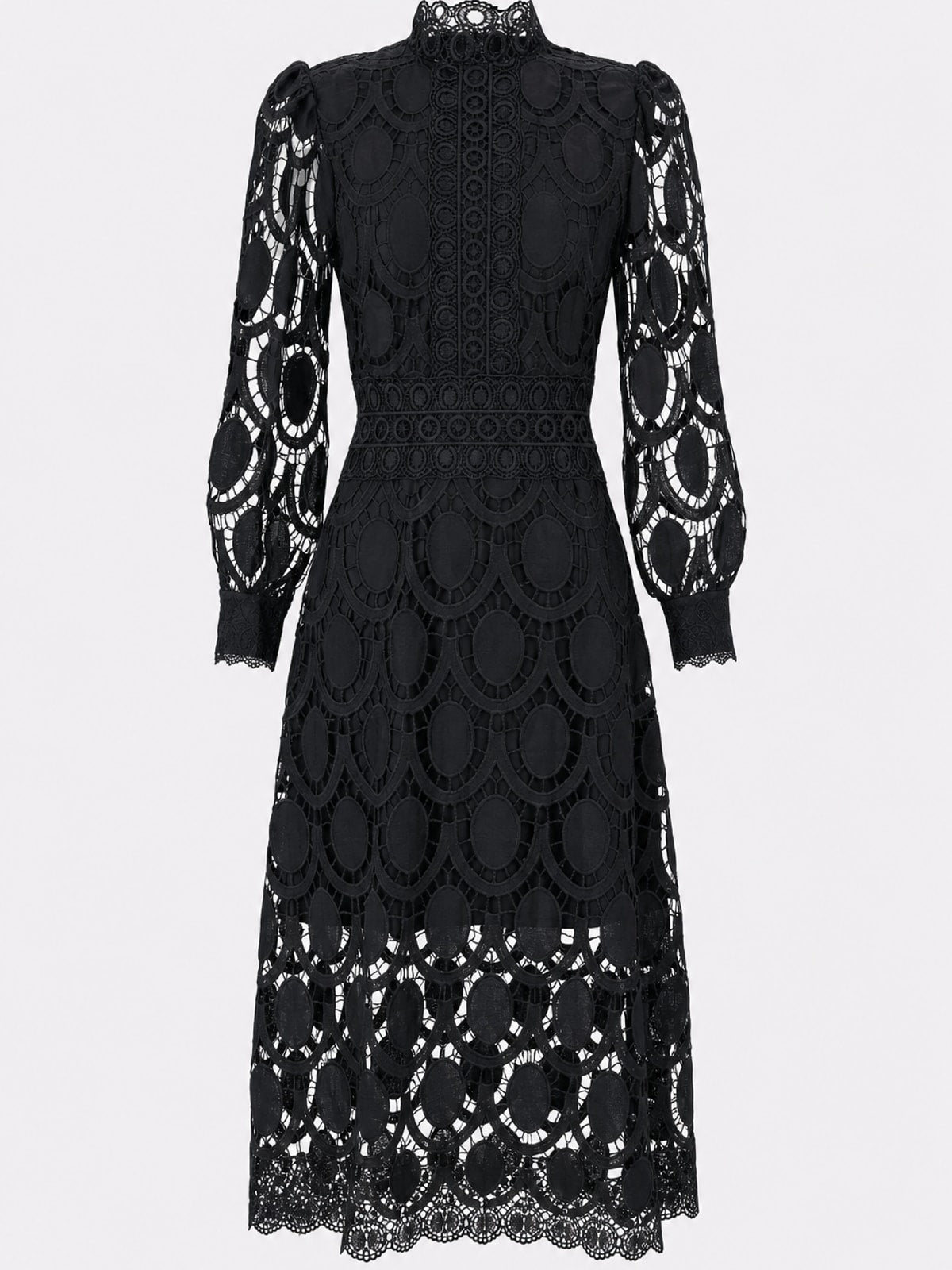 Elegant Polyester Lace Midi Dress With Lantern Sleeves - 1