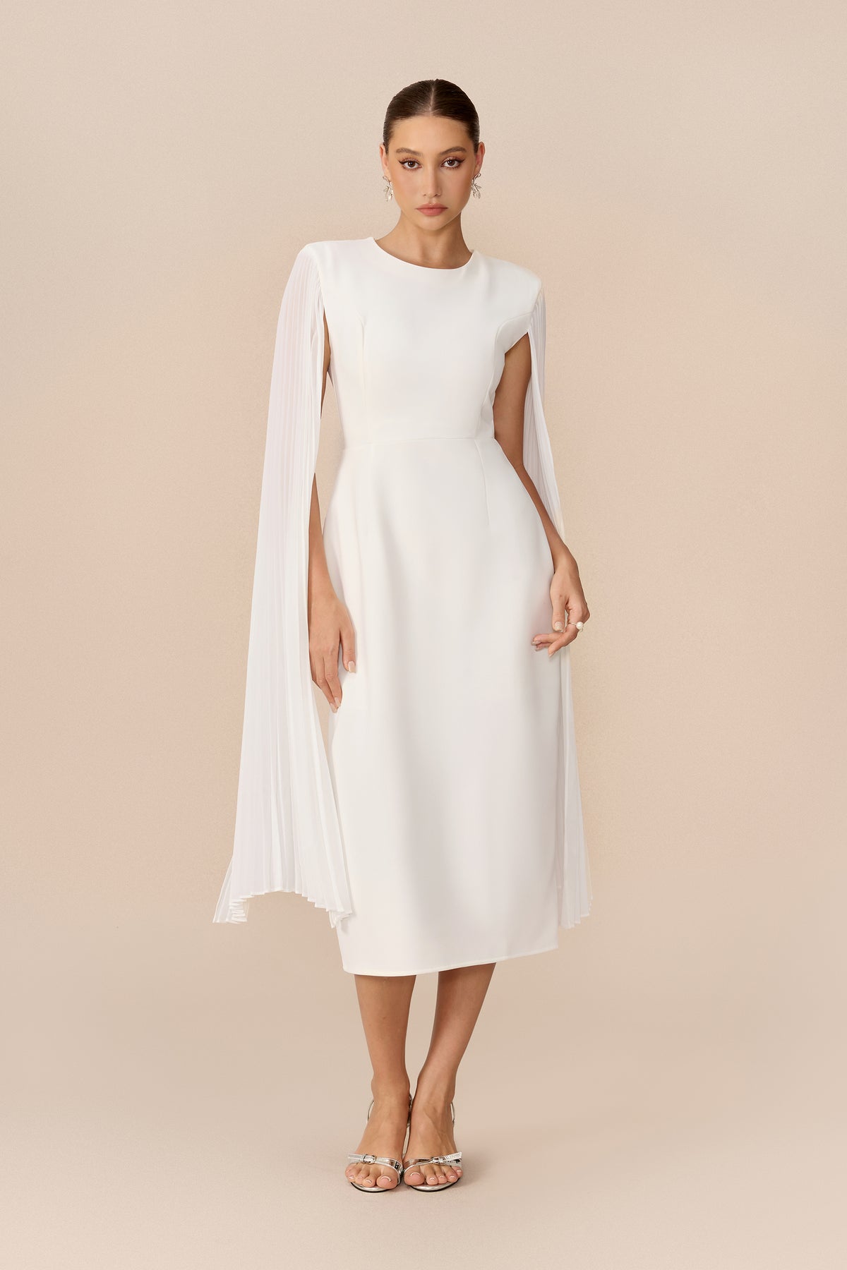 Terylene Pleated Cape Sleeve Midi Dress - 2