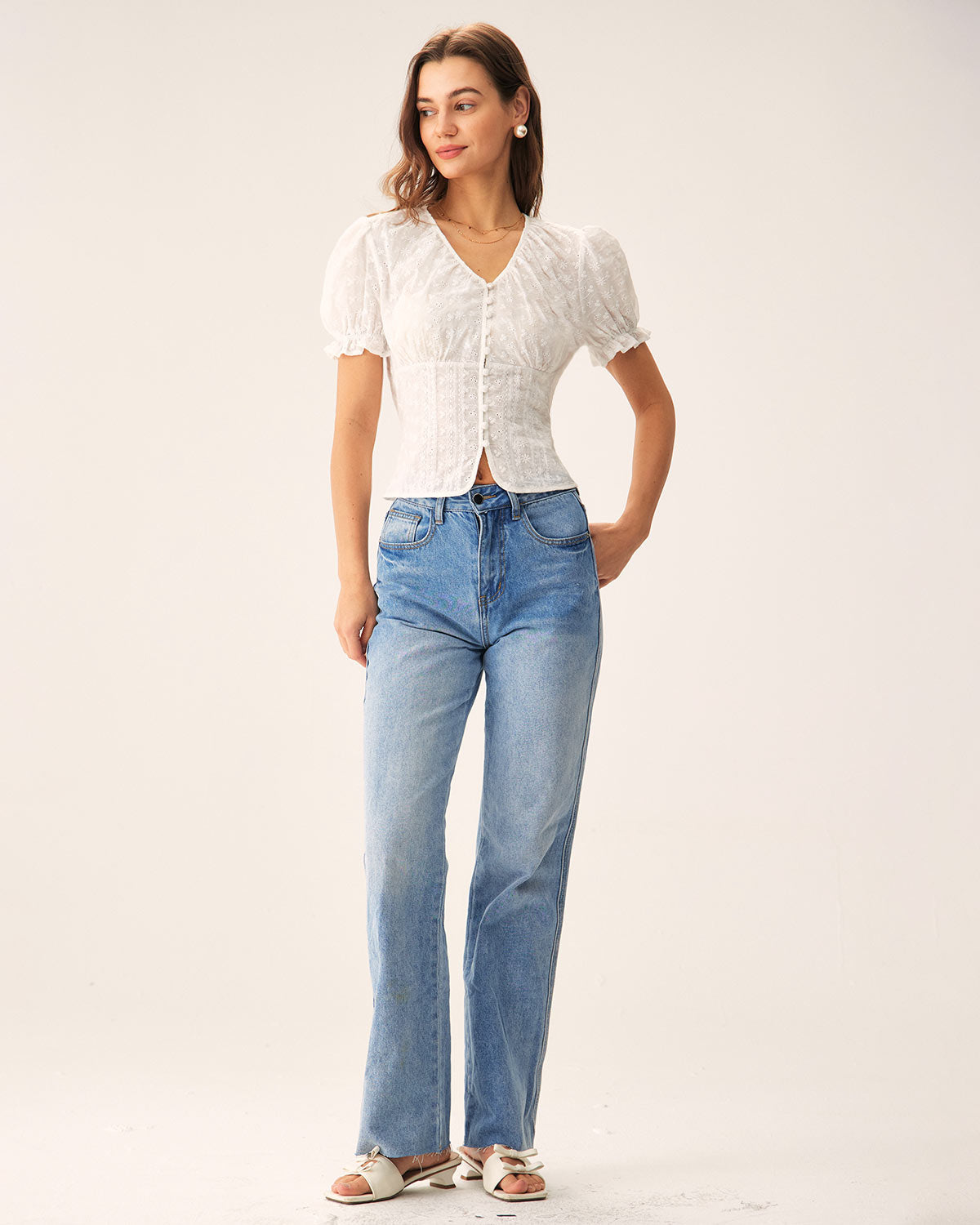 White Floral Eyelet Cotton Blouse, Tie Back - view 5