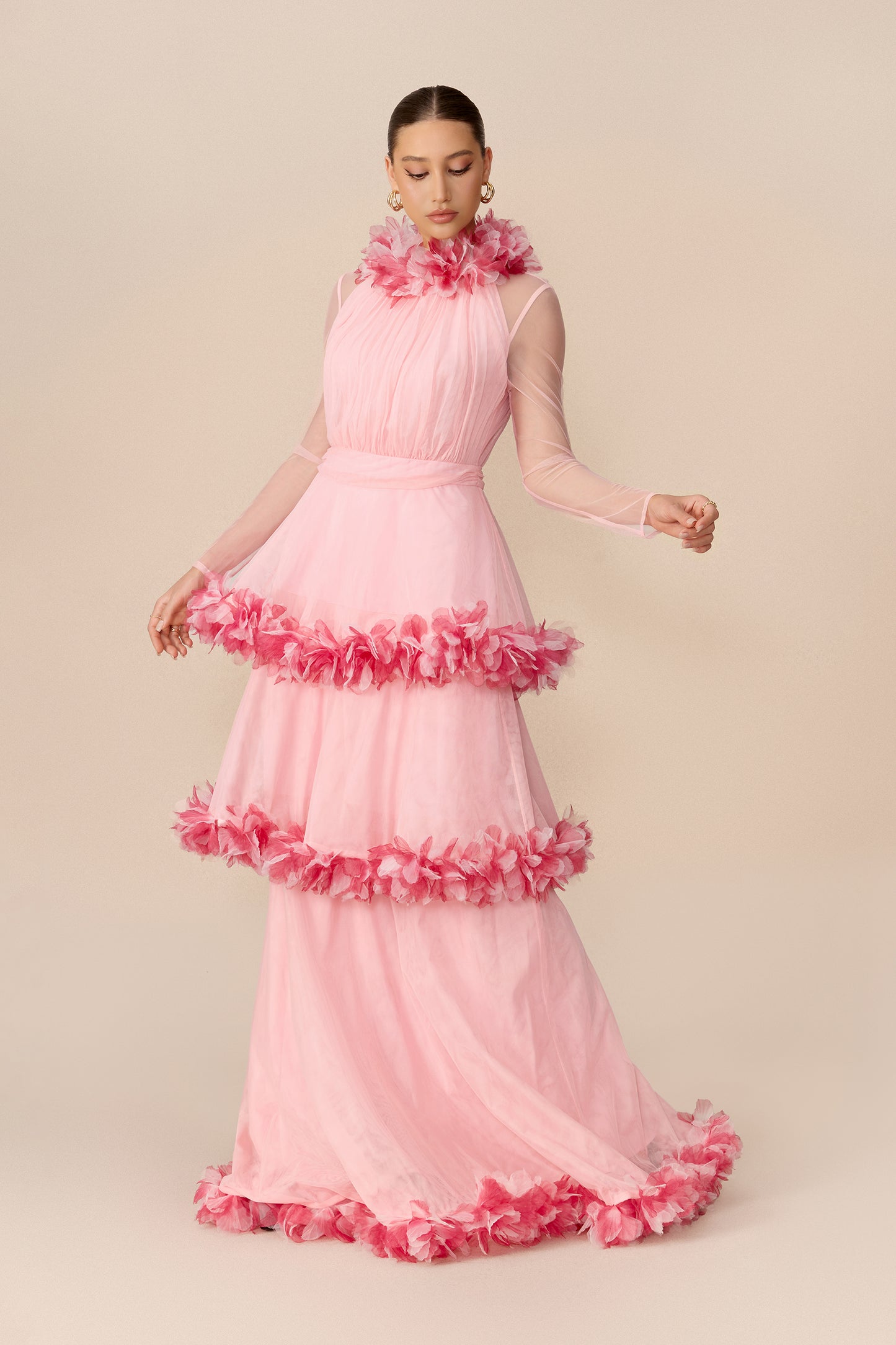 Floral Trim Tiered Mesh Maxi Dress - view 5
