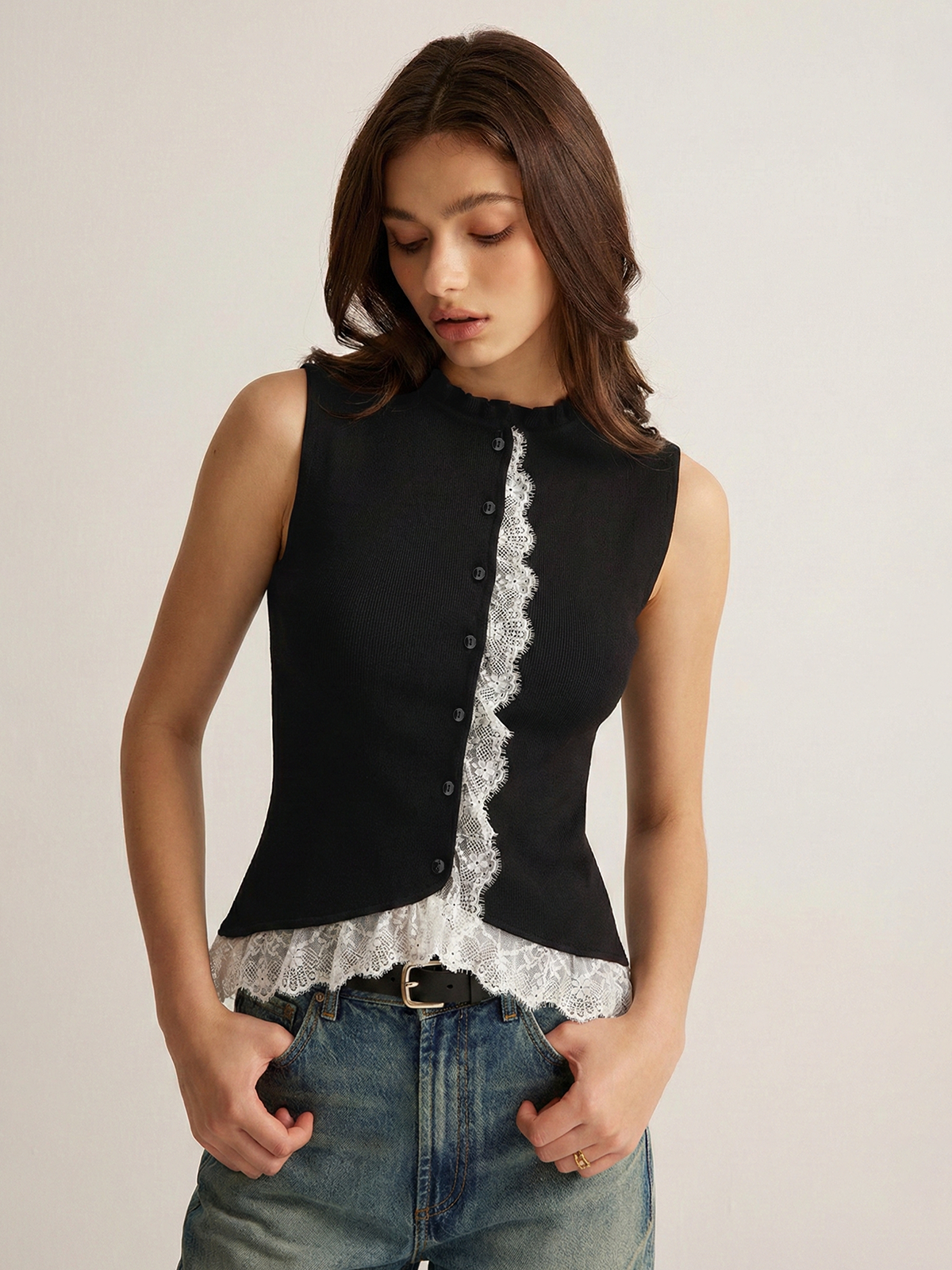 Knit Sweater Vest With Lace Trim - 2