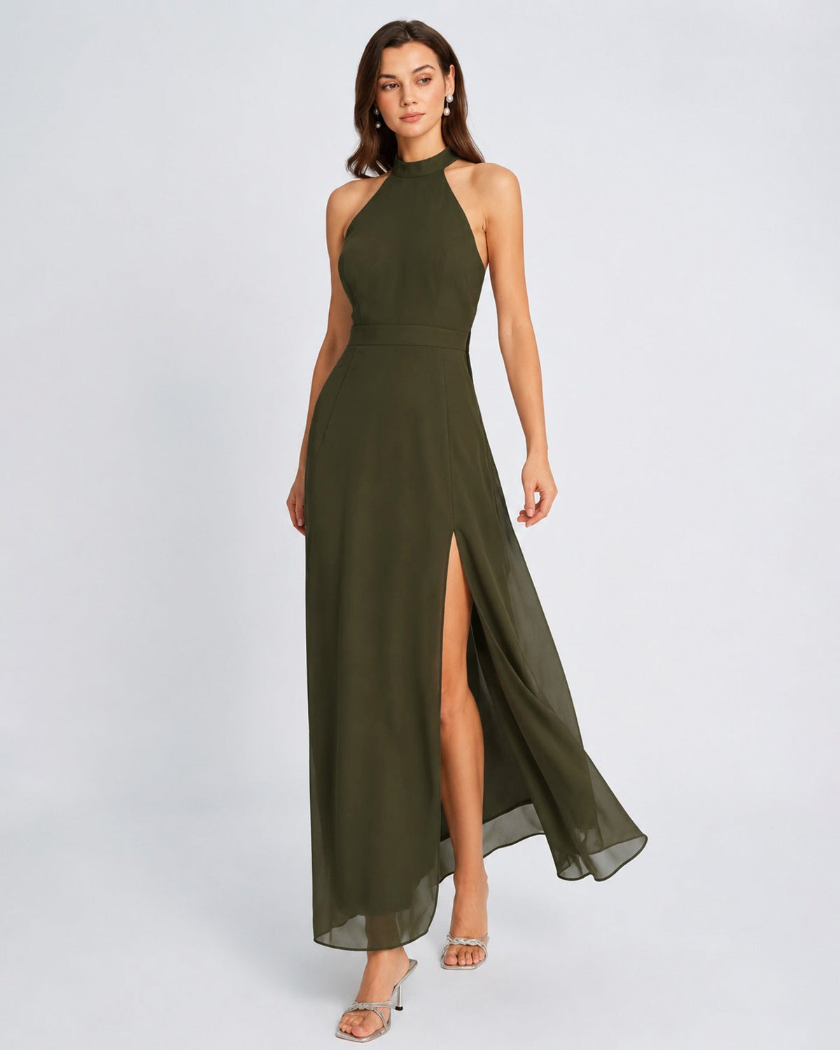 Green Mock Neck Chiffon Maxi Dress, Side Slit - view 5