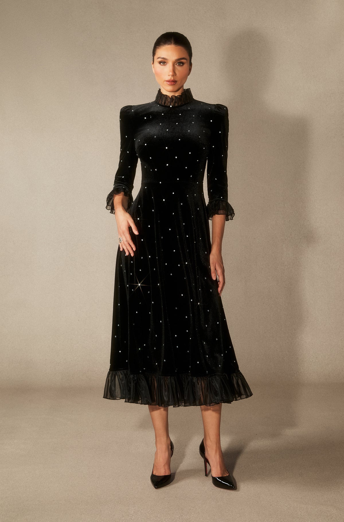 Velvet Diamante Ruffle Maxi Dress - 6