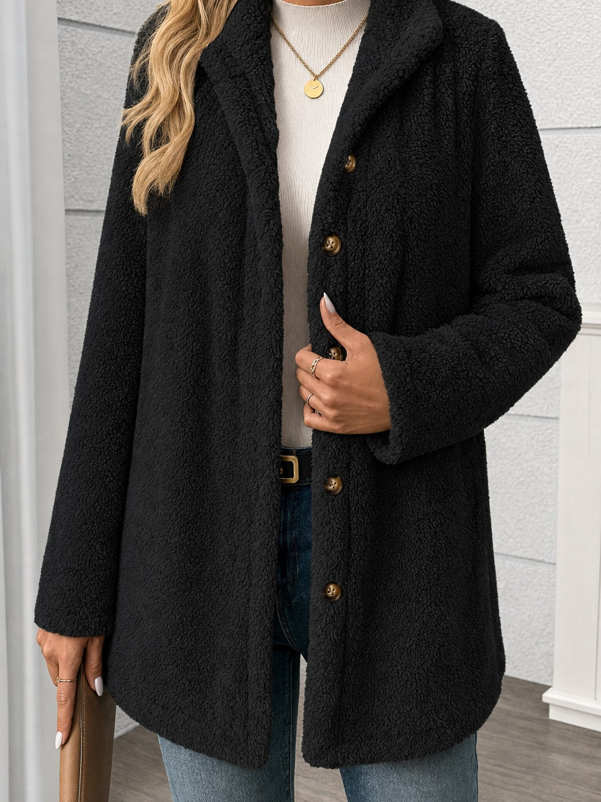 Textured Button Front Coat With Cozy Relaxed Fit - 2