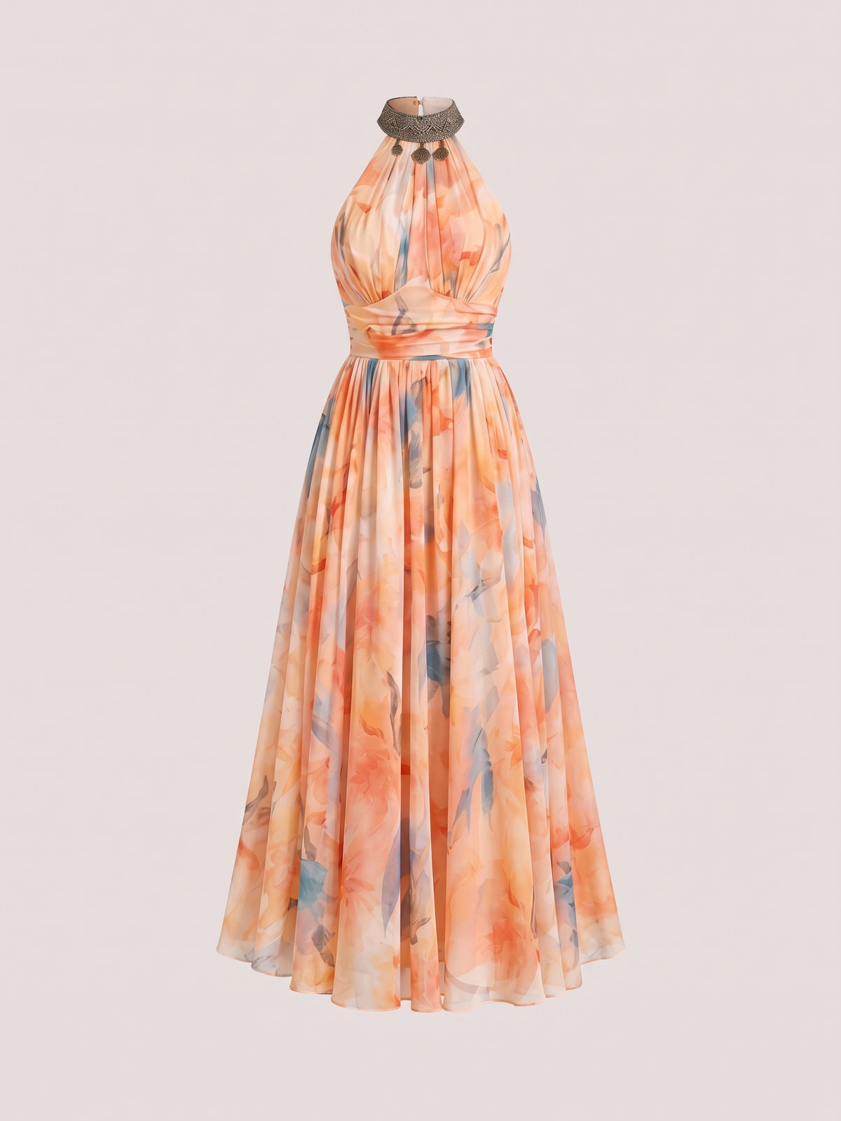 Elegant Watercolor Print Halter Maxi Dress - 1