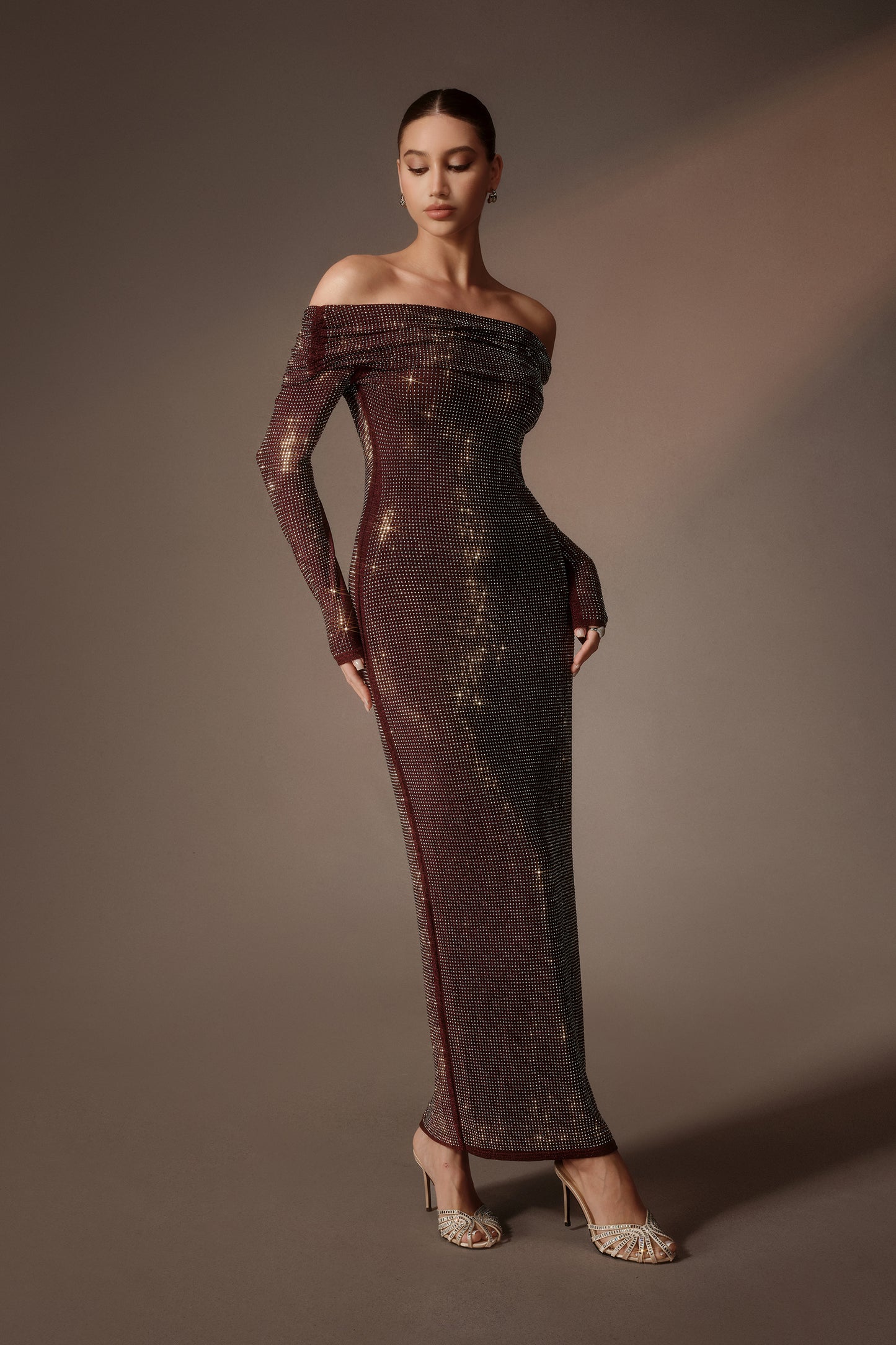 Burgundy rhinestone mesh off-shoulder maxi dress - view 5