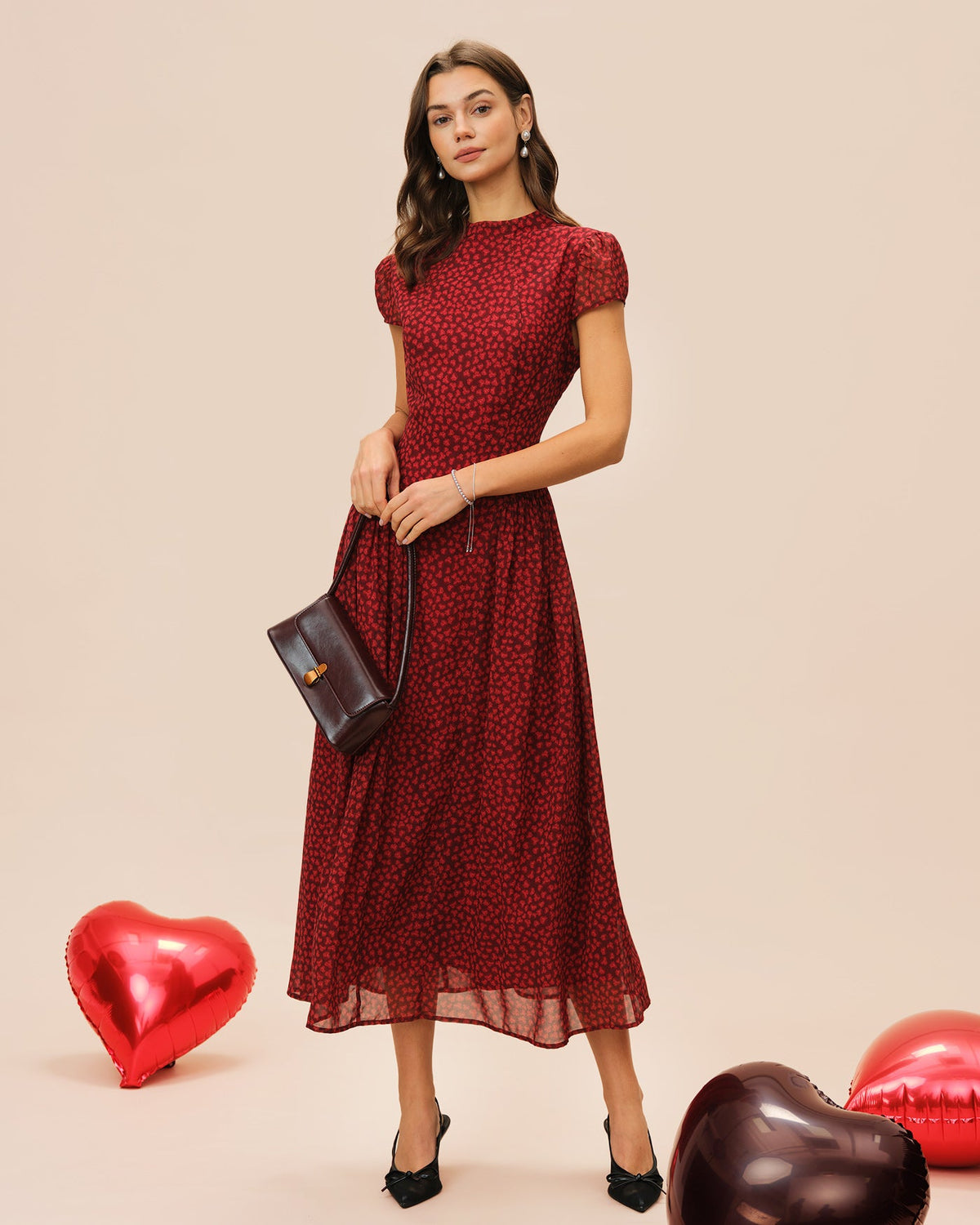 Red floral chiffon maxi dress with cap sleeves - view 5