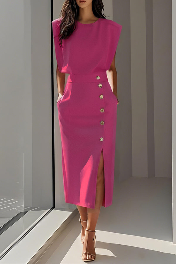 Sleeveless midi dress with button side slit - view 8