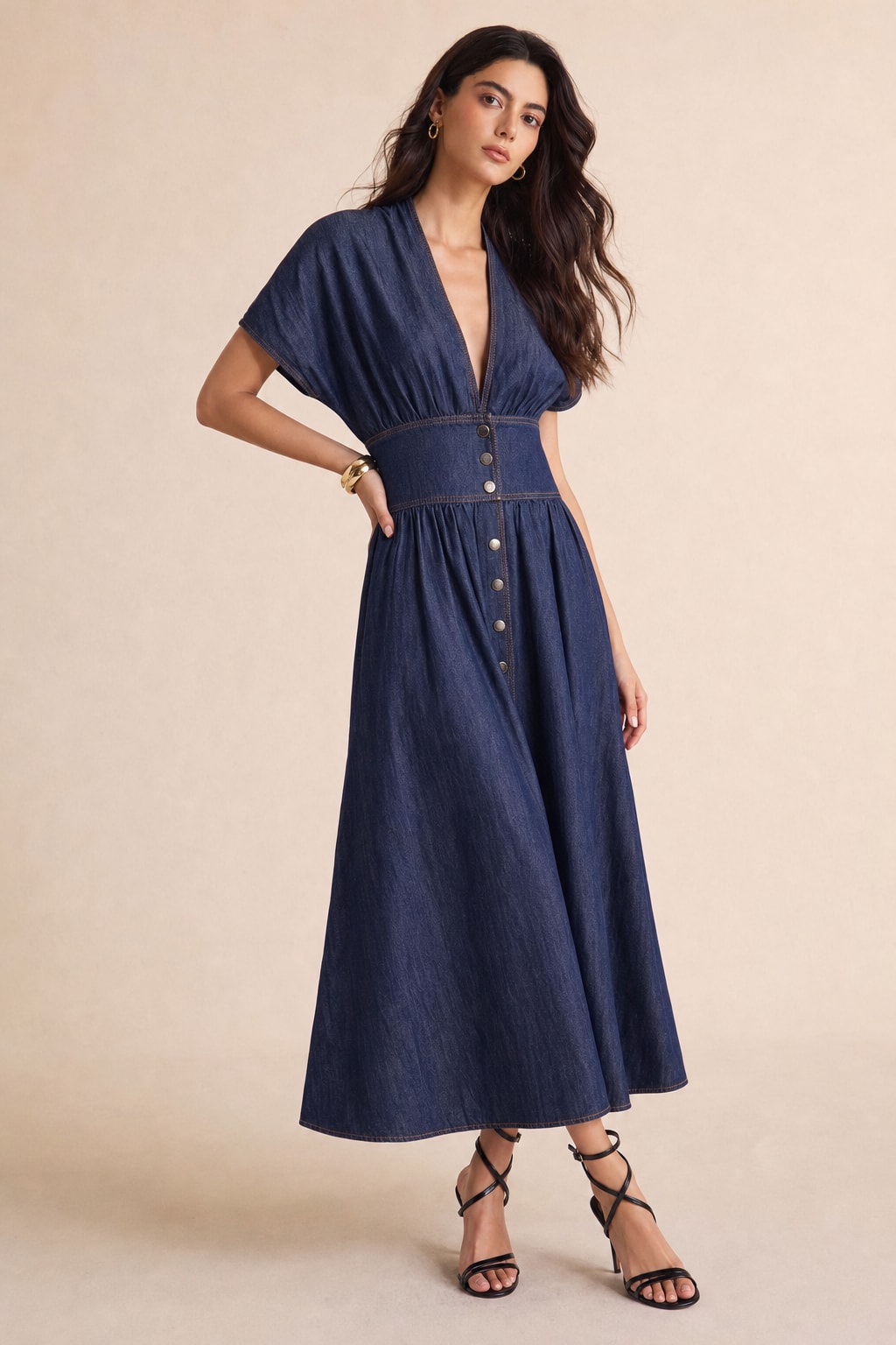 Denim Maxi Dress With Ruched V-Neck - 2