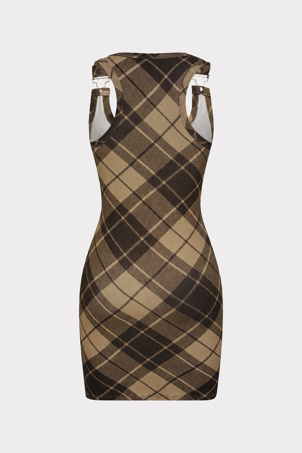 Plaid Print Jersey Mini Dress in Brown - view 5