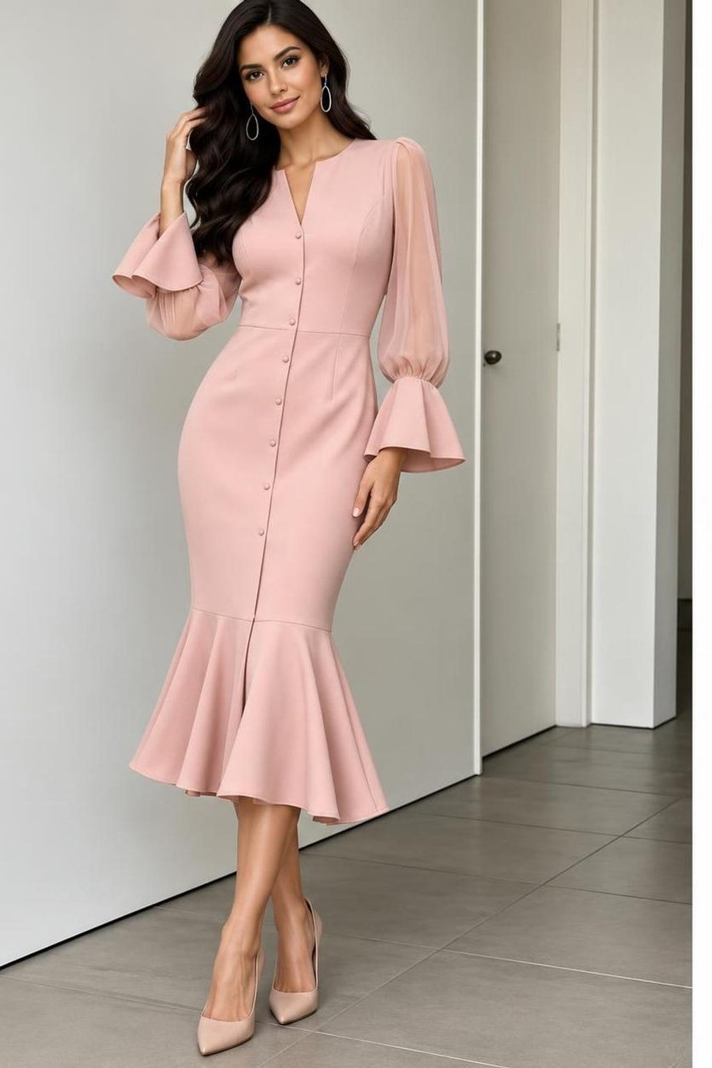 Synthetic Fiber Dress With Bubble Sleeves - 2