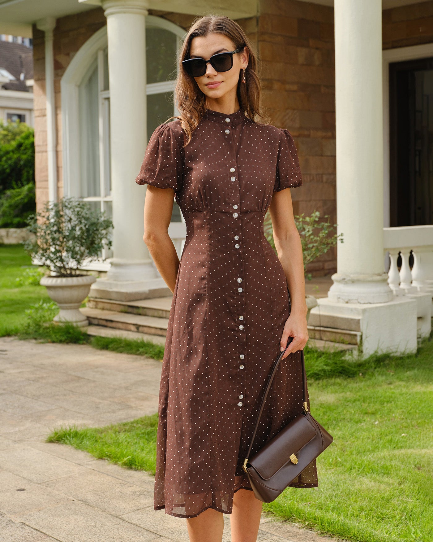 Brown Polka Dot Chiffon Midi Dress - view 5