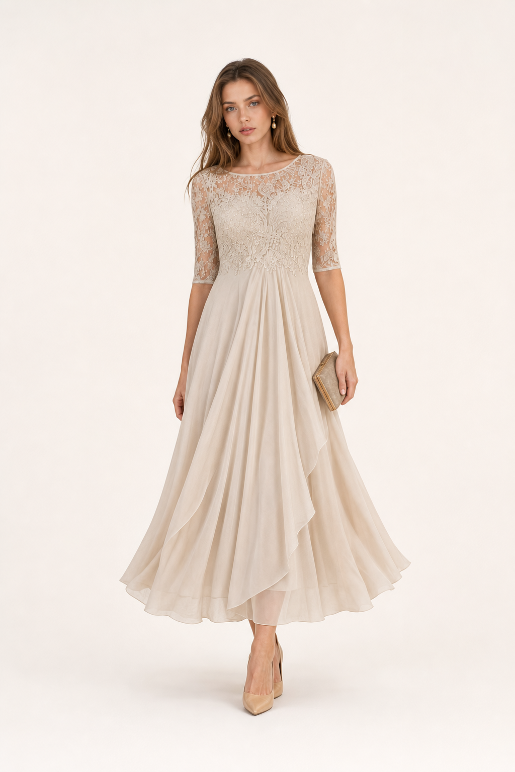 Lace Midi Dress With Sheer Sleeves - 6