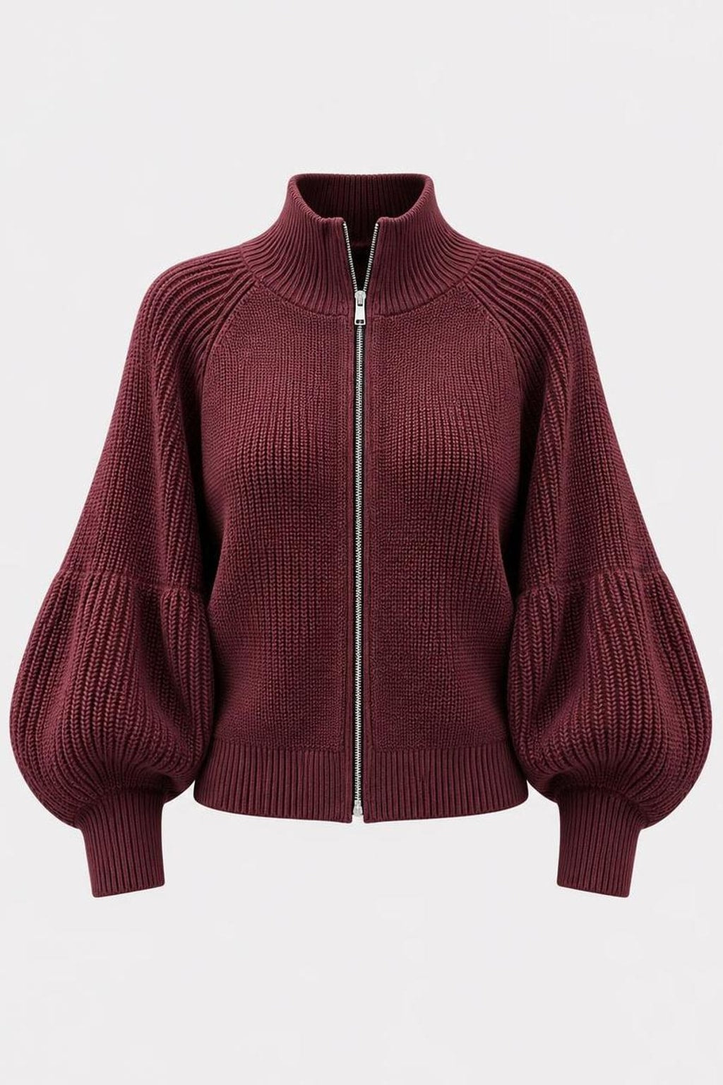 Knitted Zip-Up Cardigan With Stand Collar - 1