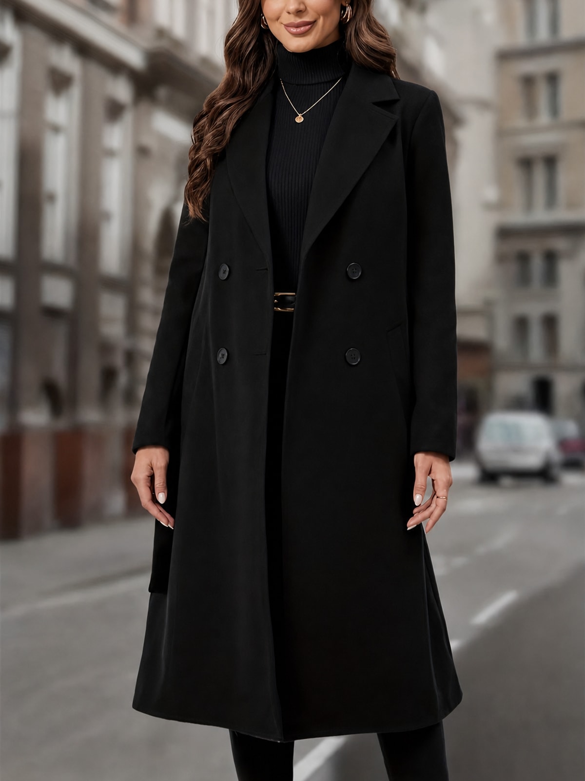 Elegant Women's Double-Breasted Long Coat With Tailored Fit - 3
