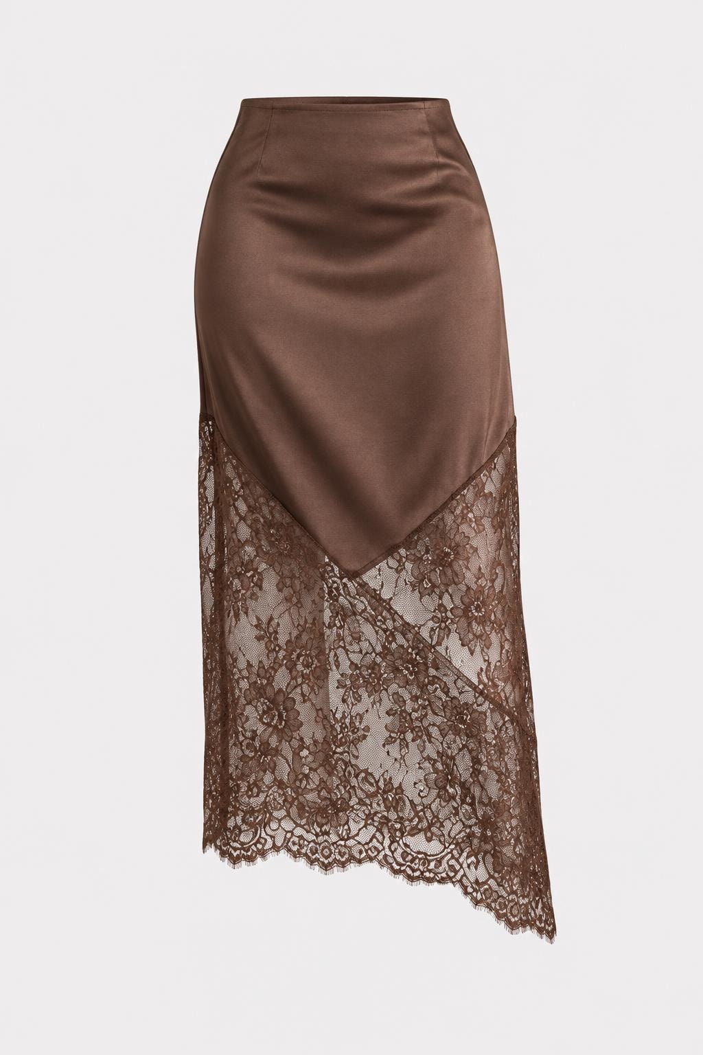 Satin Midi Skirt With Asymmetric Lace - 1