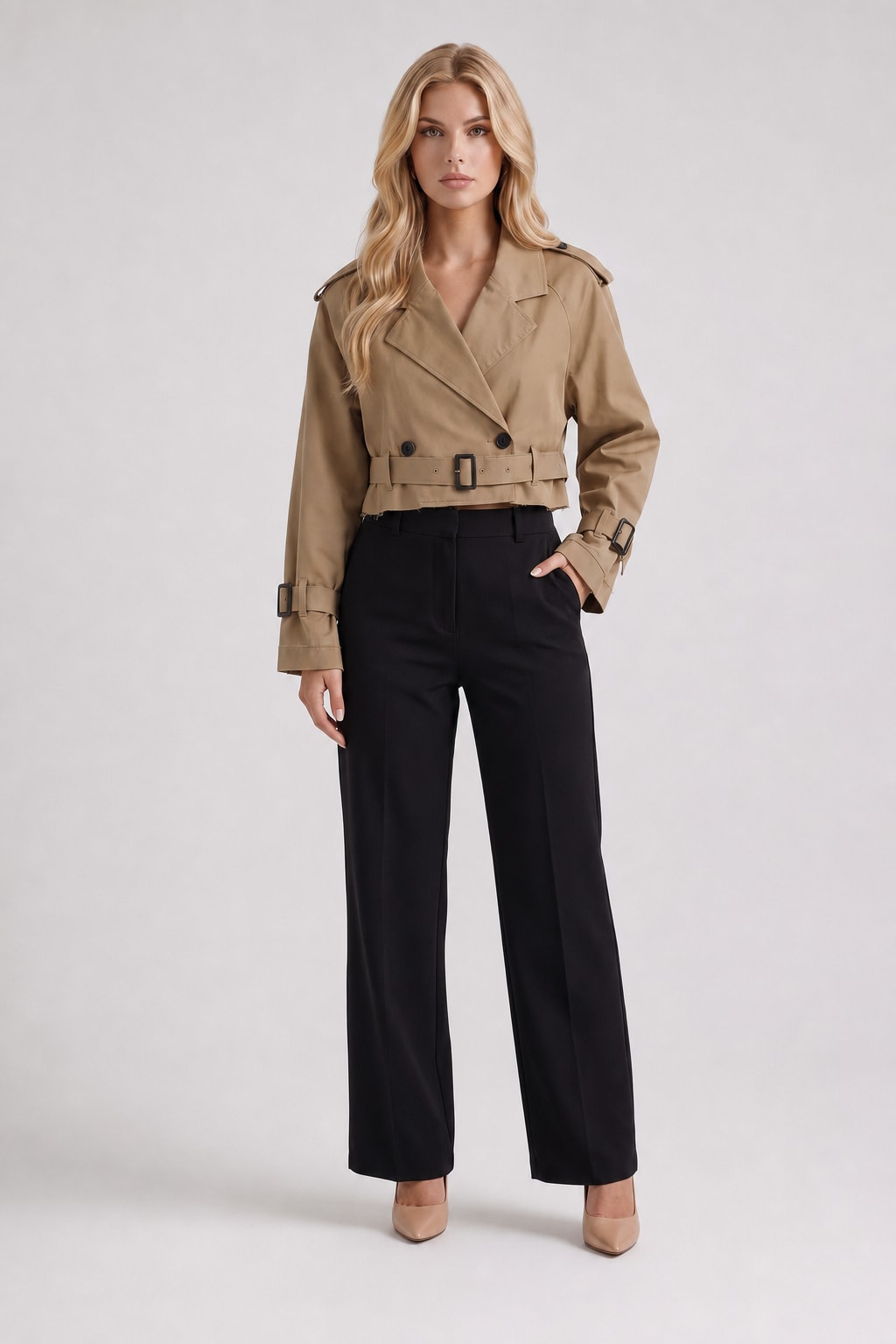 Cropped Utility Trench Coat with Waist Belt - 2