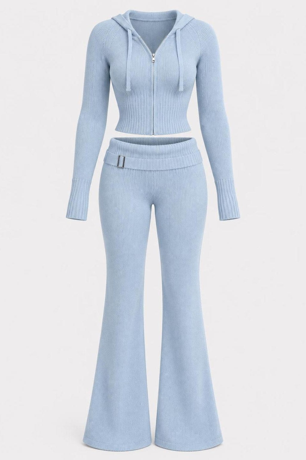 Ribbed Zip-Front Cropped Lounge Set - 1