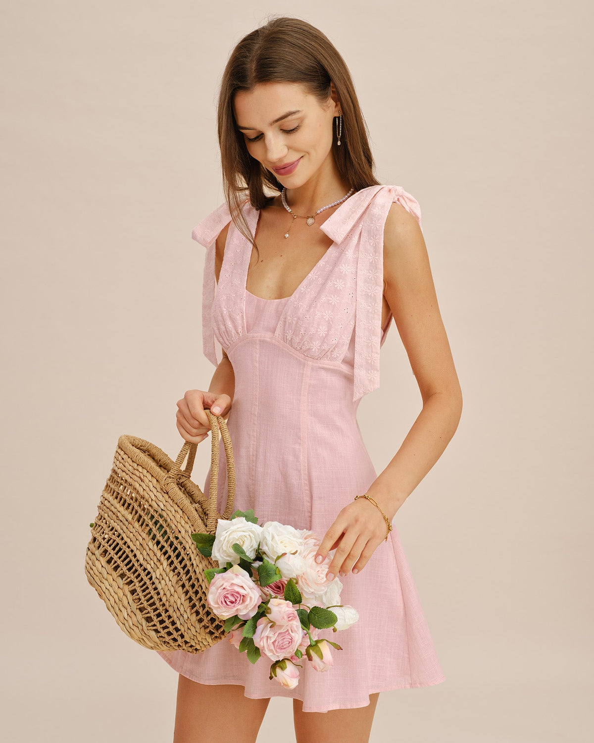 Pink Embroidered Cotton Mini Dress - view 5