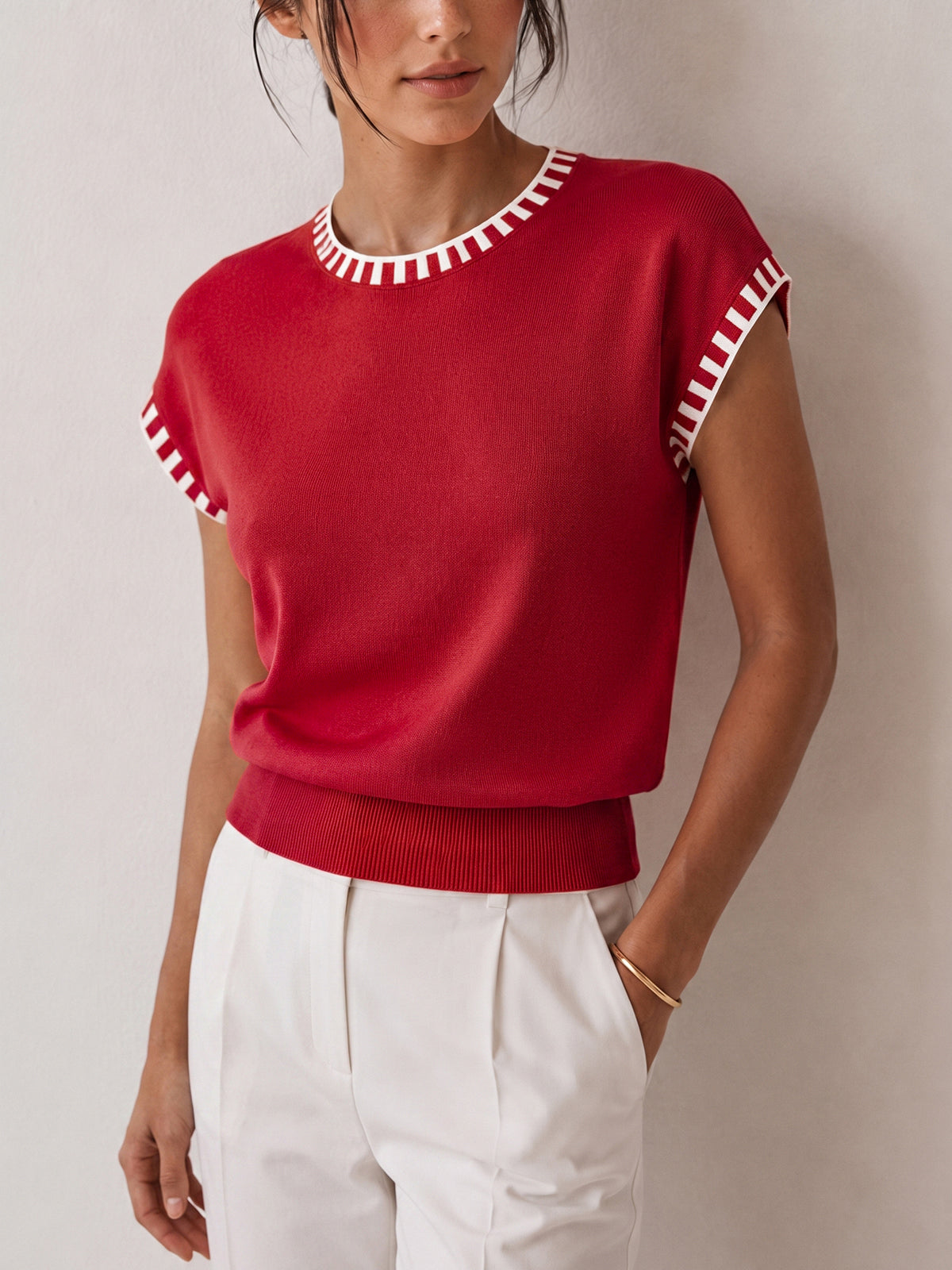 Knit Cap Sleeve Top With Contrast Trim - 10
