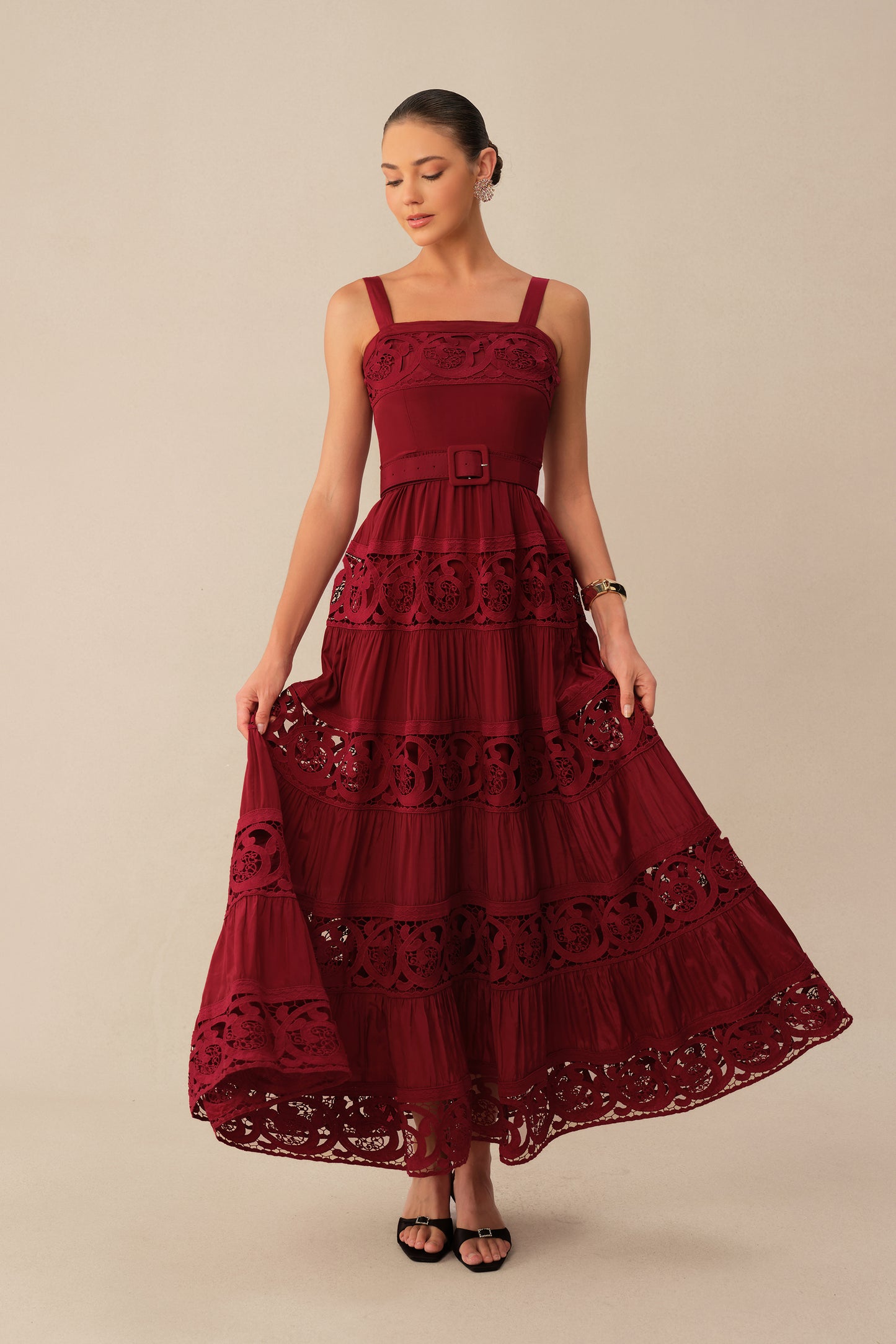 Burgundy Square Neck Lace Maxi Dress - view 5