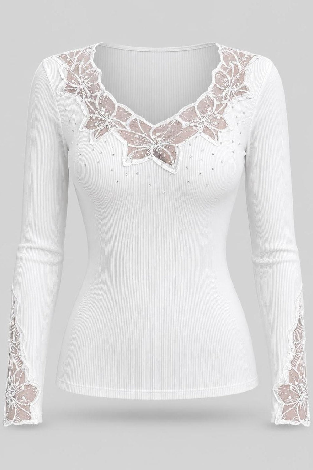 Polyester Rhinestone Skinny Long Sleeve T-Shirt - 1