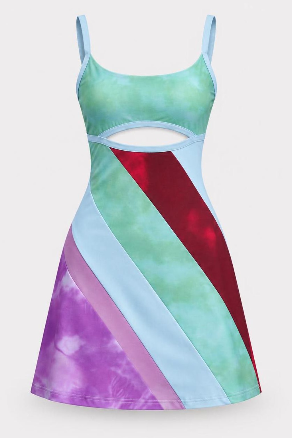 Sleeveless strappy mini dress with diagonal colour-block panels in mint green, pale blue, red, pink and tie-dye purple, with a cut-out under the bust and a flared A-line skirt