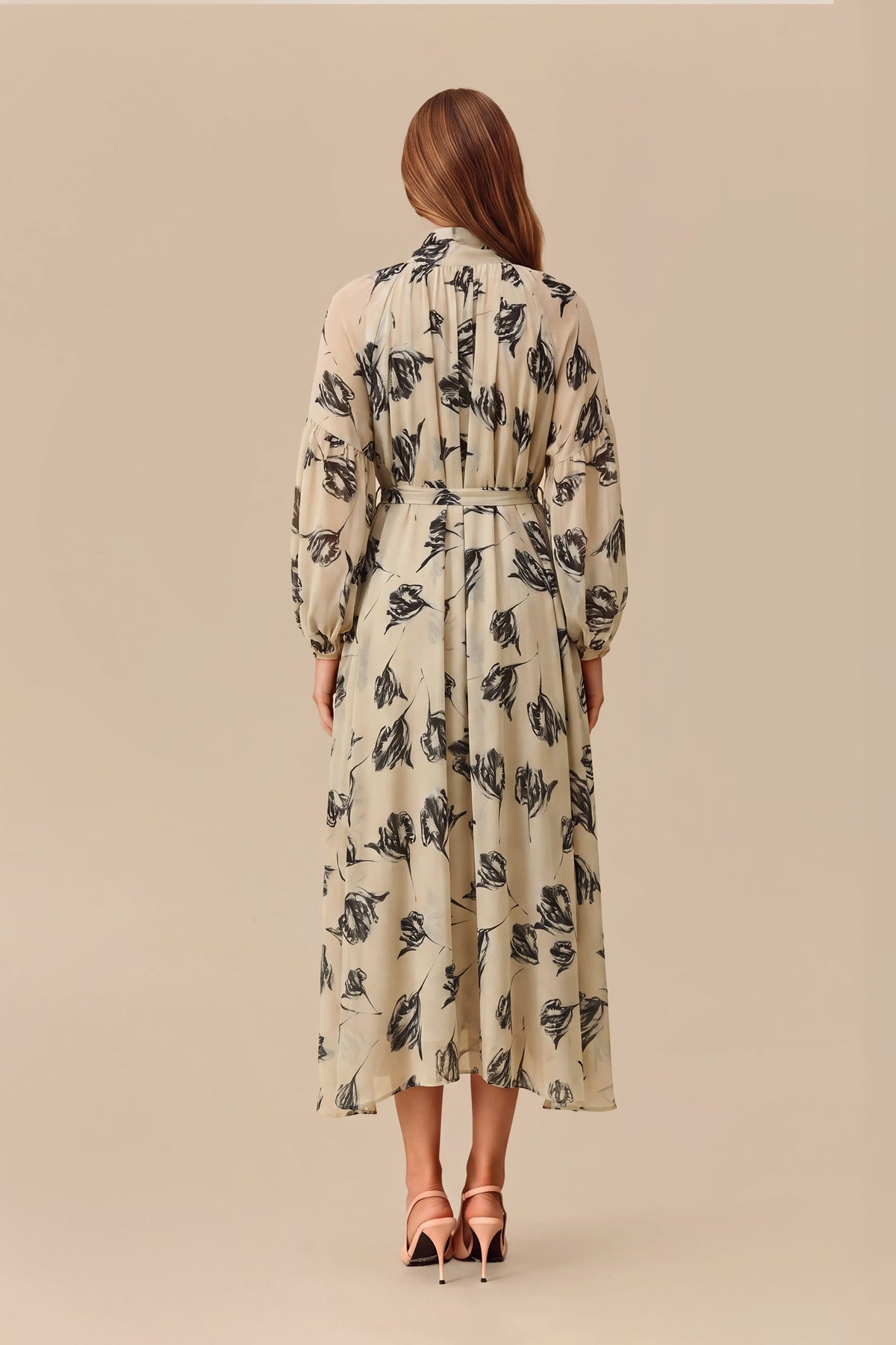 Beige Floral Chiffon Puff Sleeve Maxi Dress - view 4