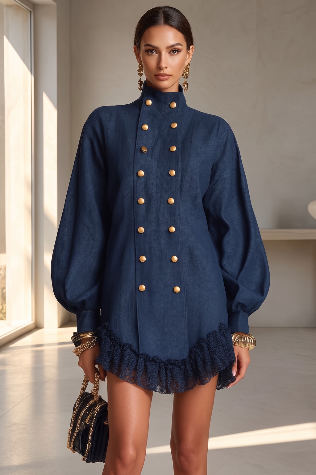 Polyester Mini Dress With Lantern Sleeves - 2