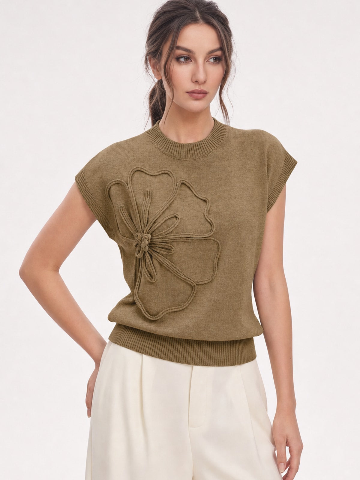 Knit Cap Sleeve Flower Applique Top - 7
