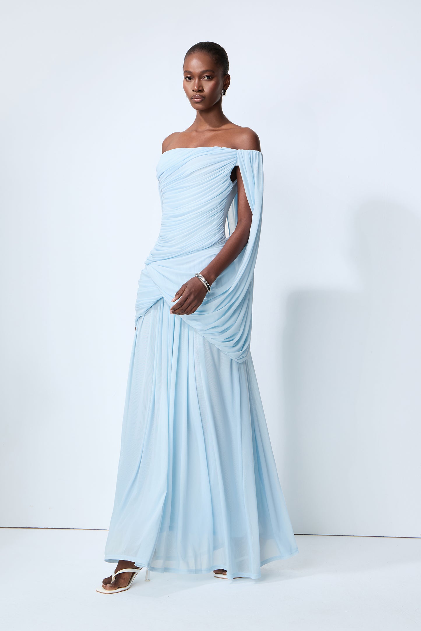 Blue off-shoulder ruched maxi dress with waterfall drape - view 5
