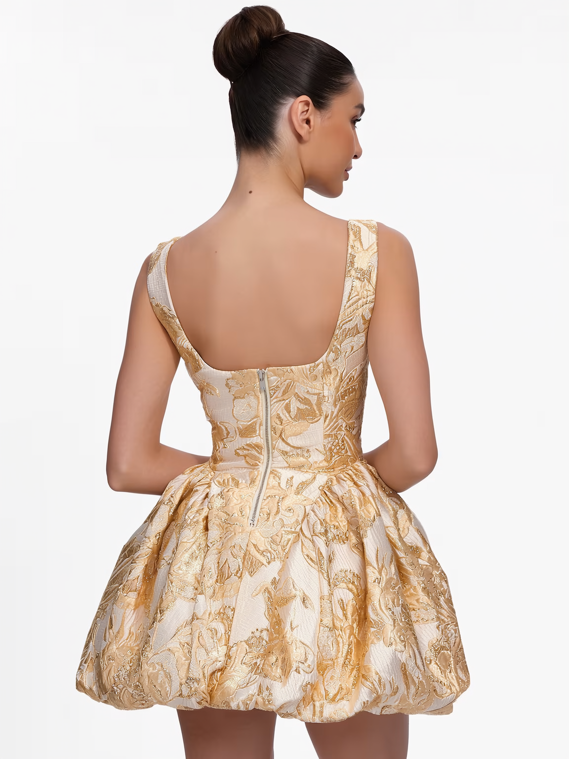 Beige textured floral mini dress with ruched square neck - view 5
