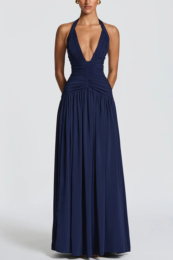 Chiffon Halter Maxi Dress with Thigh Slit - view 4