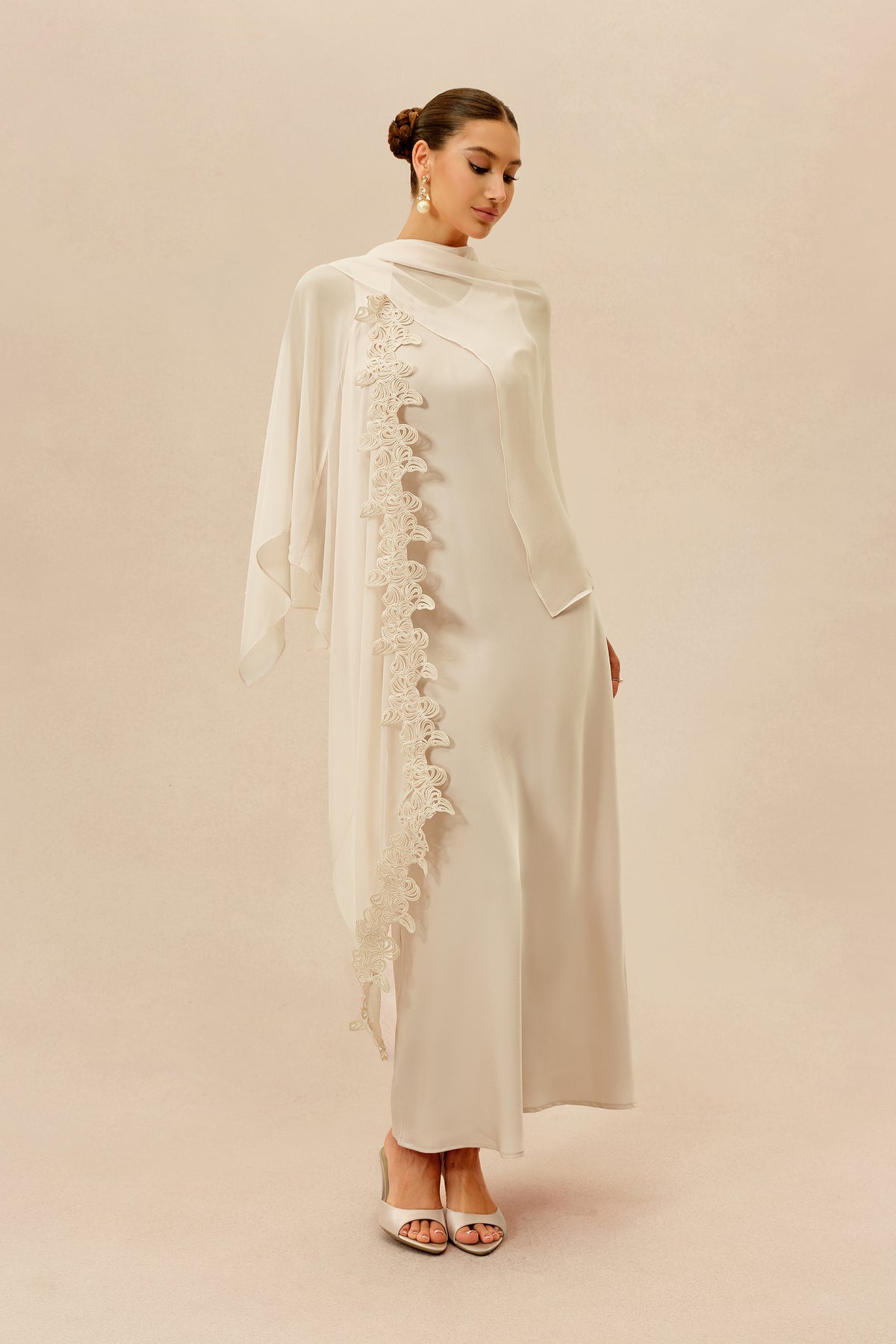 Beige Maxi Dress With Embellished Lace Cape Overlay - 5
