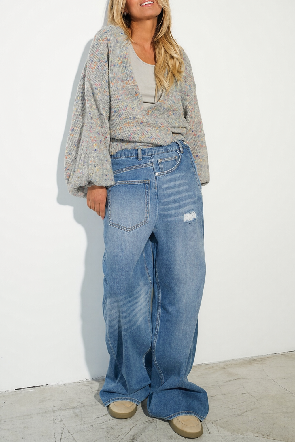 Distressed Wide Leg Jeans, Asymmetrical Pockets - view 6