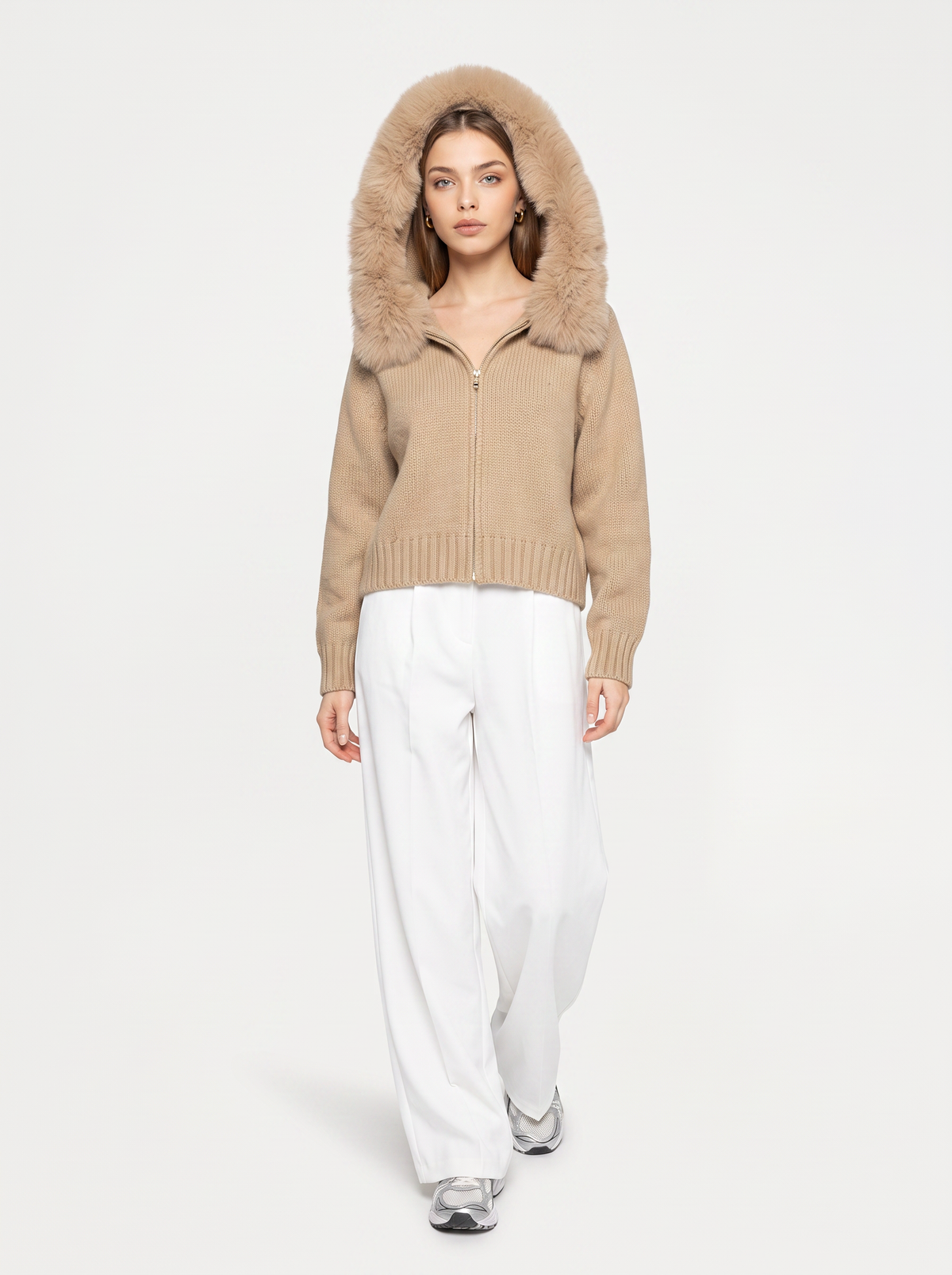 Wool jacket with faux fur-lined hood - view 10