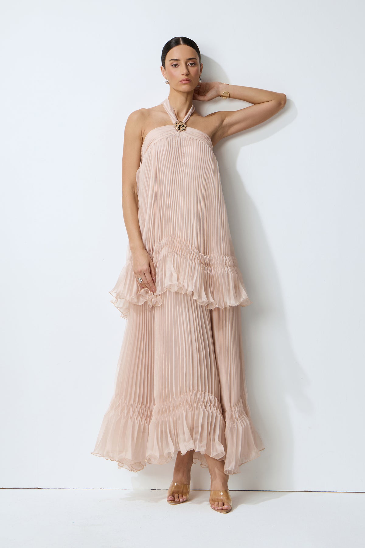 Pink Halter Maxi Dress With Tiered Ruffles For Summer Parties - 6