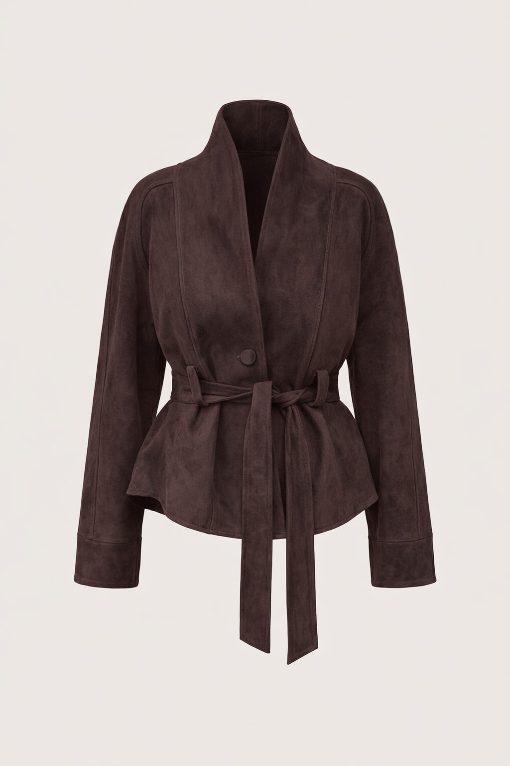Suede Jacket With Belted Waist And Stand Collar - 1