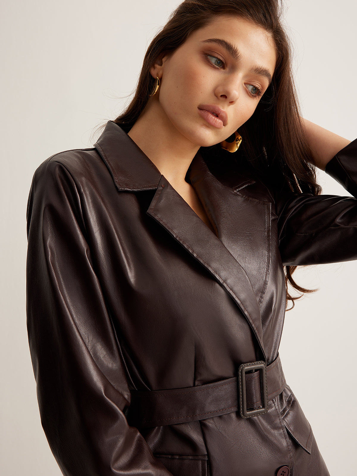 Burgundy Belted Wrap-Front Leather Jacket - view 2