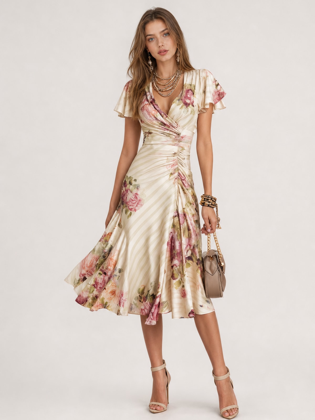 Effortless Floral Wrap Midi Dress With Ruched Waist - 3