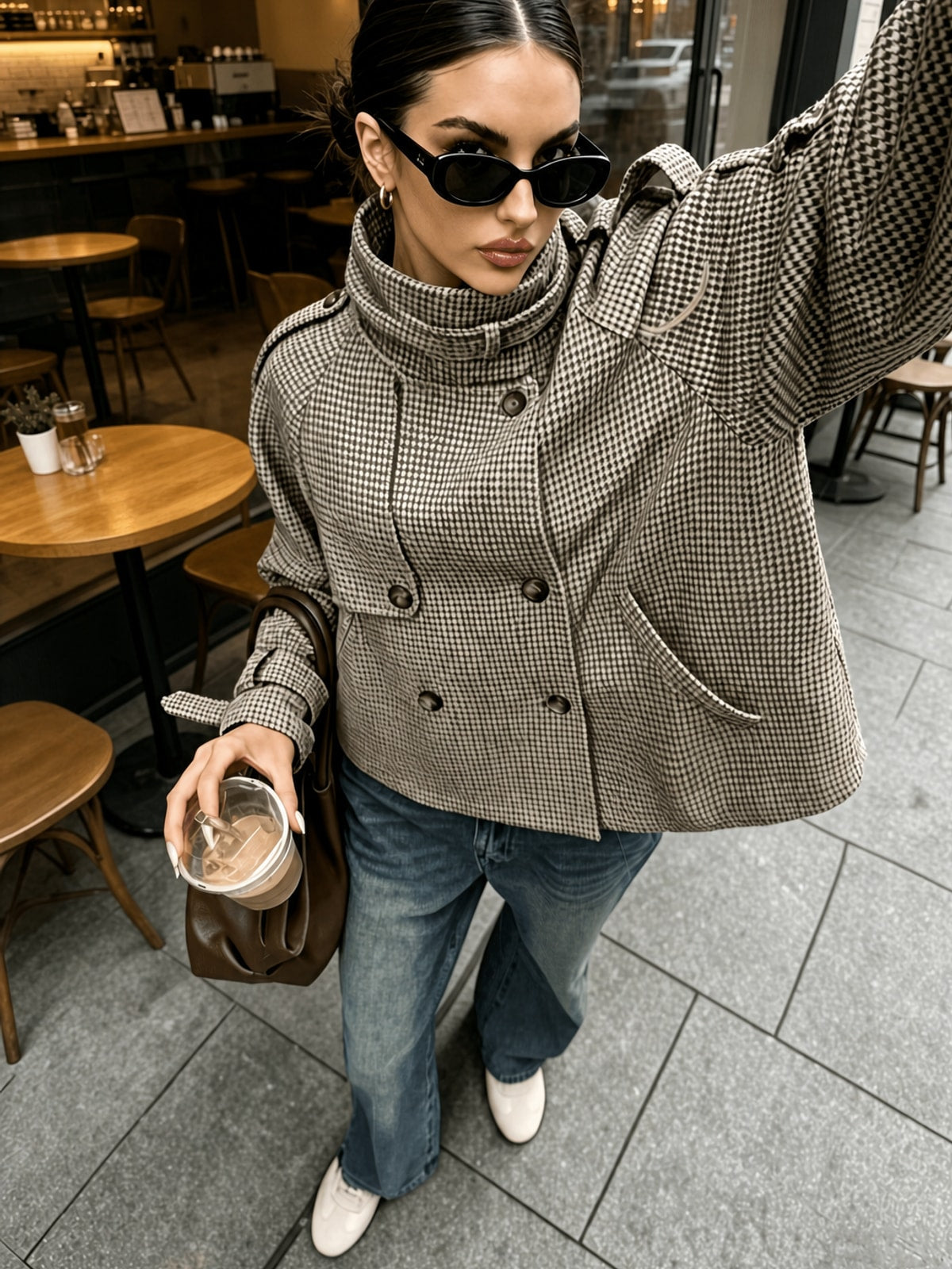 Elegant Houndstooth Cropped Jacket With Stand Collar - 4